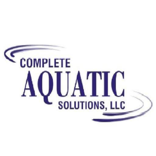 Complete Aquatic Solutions LLC logo featuring the company name in bold, blue text with curved lines above and below the text, resembling water waves.